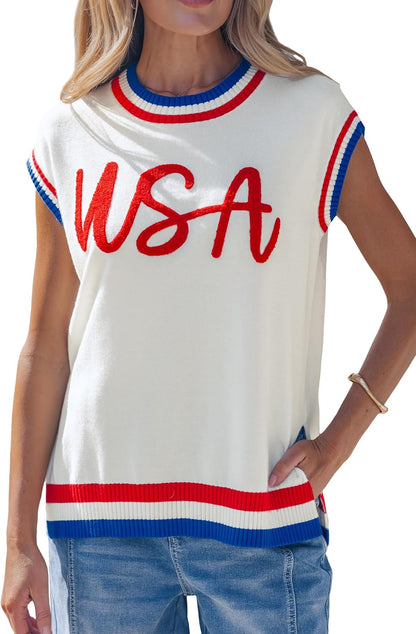 Women American Flag Lightweight Sweater Vest Short Sleeve Patriotic Knit Top