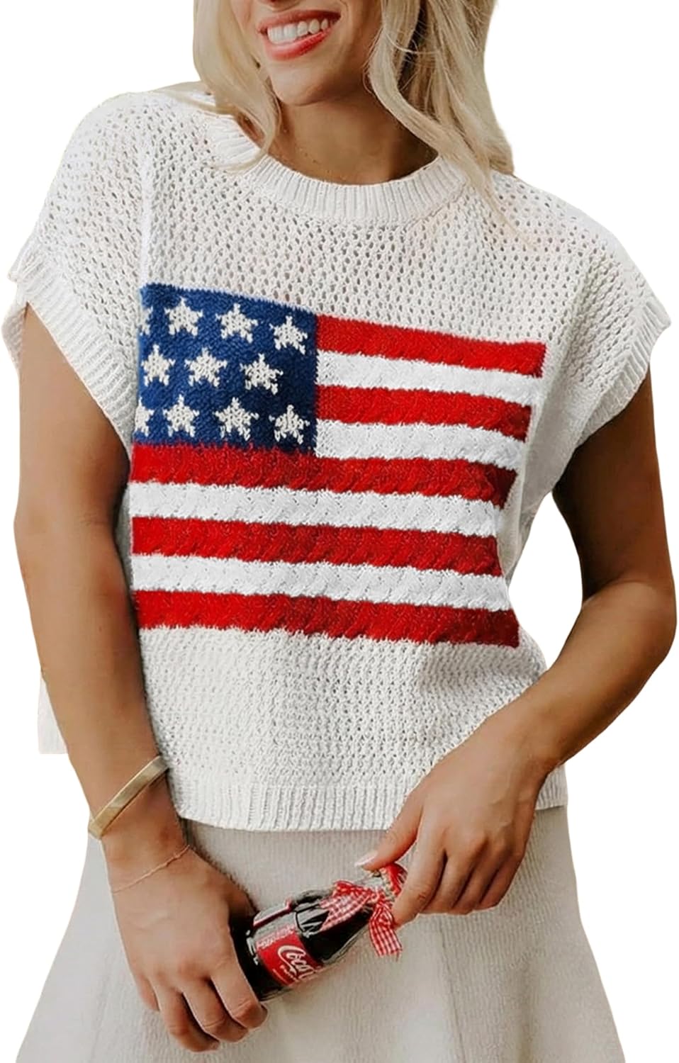 Women American Flag Lightweight Sweater Vest Short Sleeve Patriotic Knit Top