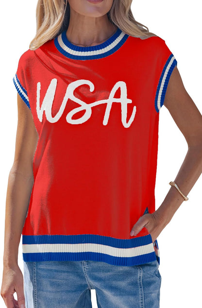 Women American Flag Lightweight Sweater Vest Short Sleeve Patriotic Knit Top
