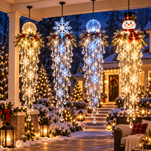 Crystal Cascade Christmas Light™ – Hanging Snowflake & Crystal LED Porch Décor ✨❄️