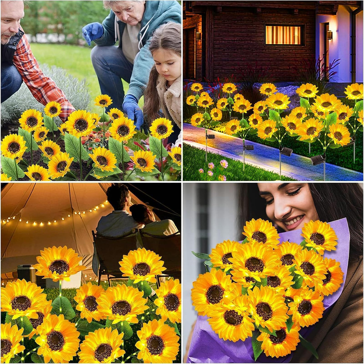 Sunflower lights styled in gardens and beside a home