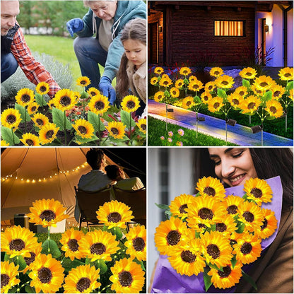 Sunflower lights styled in gardens and beside a home