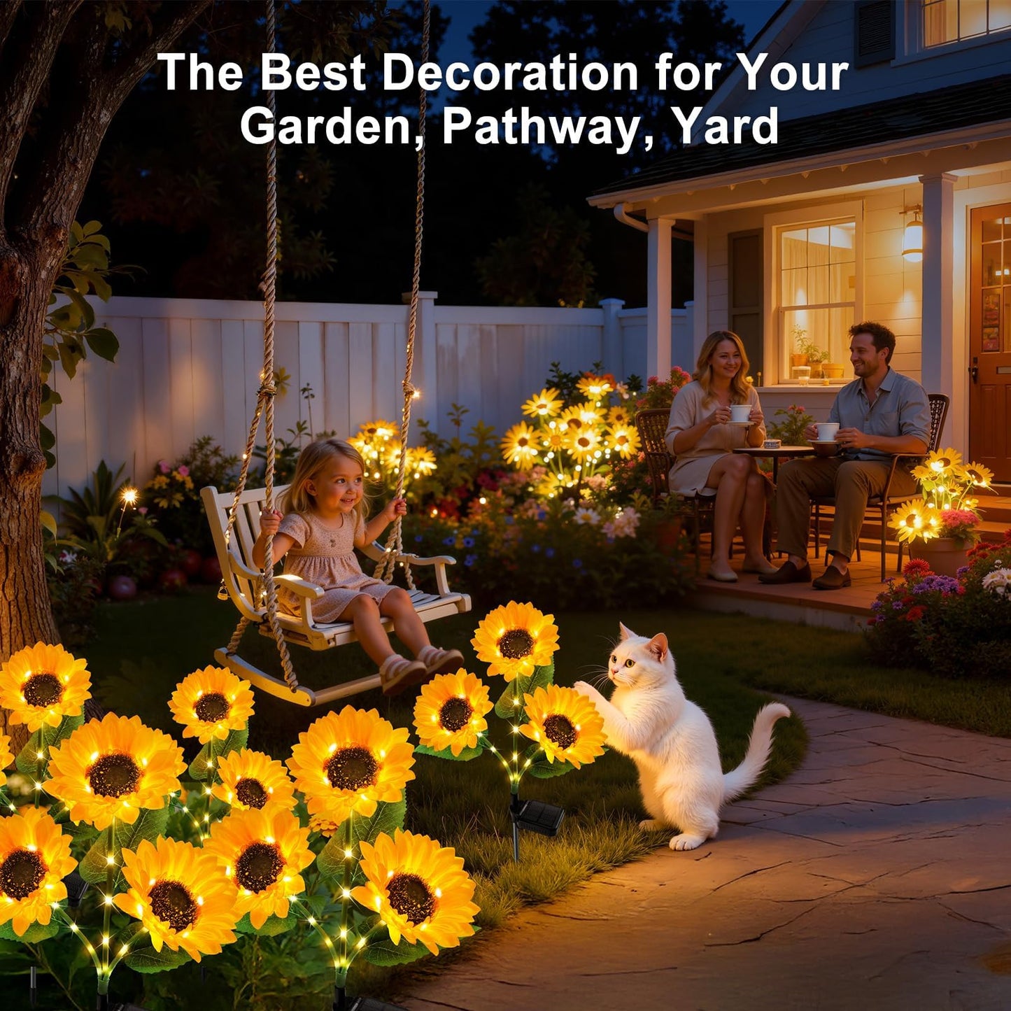 Sunflower lights around outdoor seating