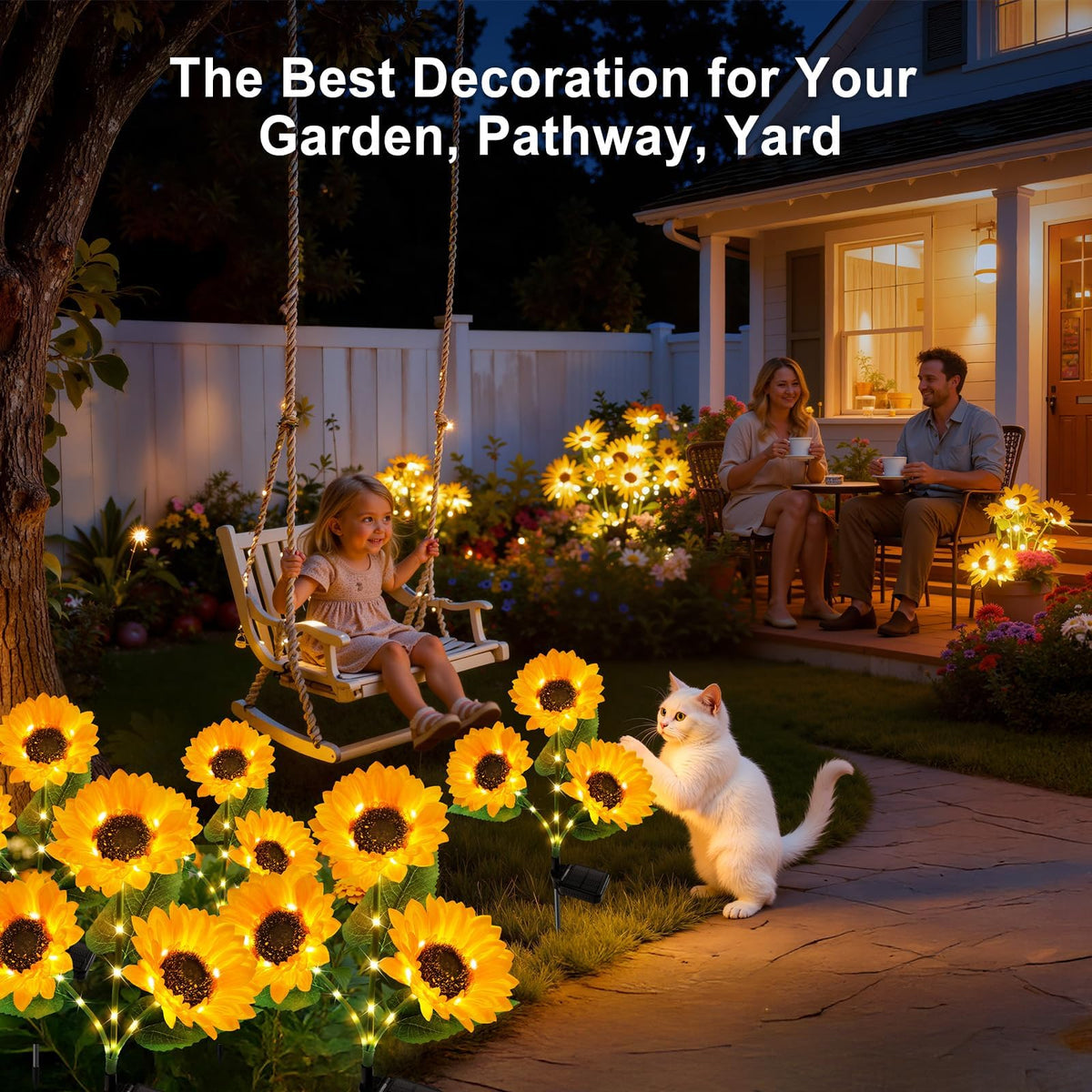 Sunflower lights around outdoor seating