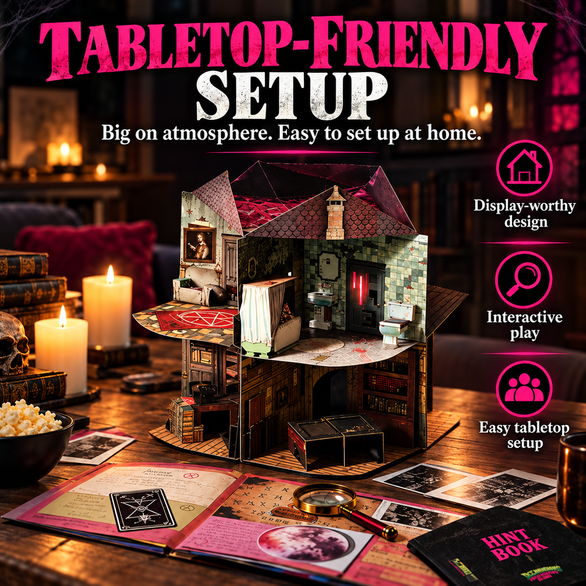 Pop-up manor and investigation materials arranged on a table