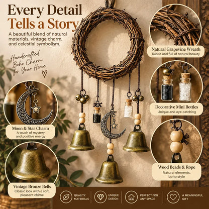 Boho Moon & Bell Hanging Decor – Rustic Bronze Wall & Door Charm