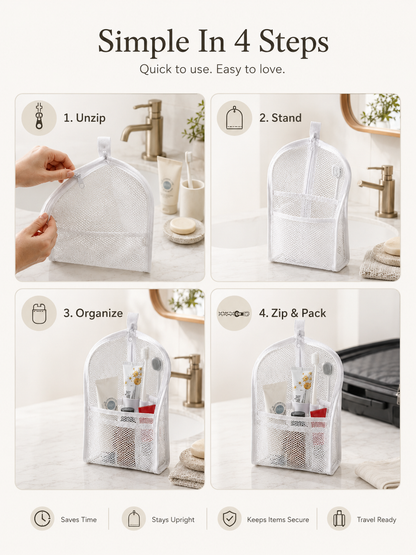 Four simple steps for using the self-standing toiletry pouch