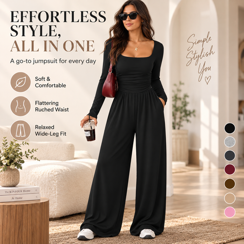 Women’s Long Sleeve Wide Leg Jumpsuit – Ruched Waist Casual One-Piece