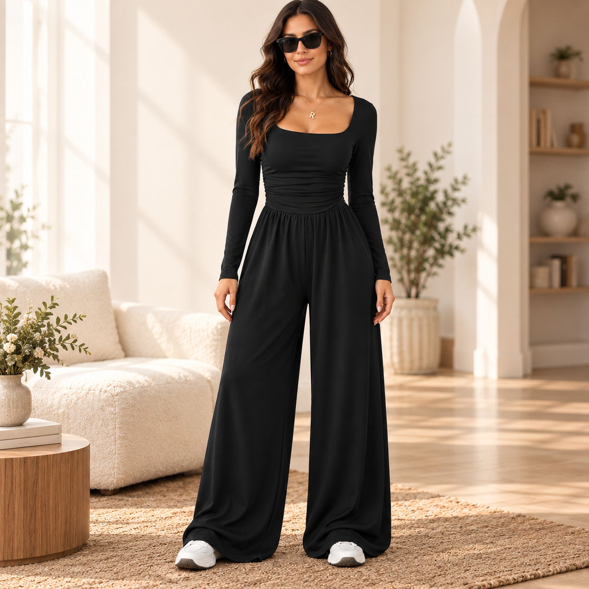 Women’s Long Sleeve Wide Leg Jumpsuit – Ruched Waist Casual One-Piece