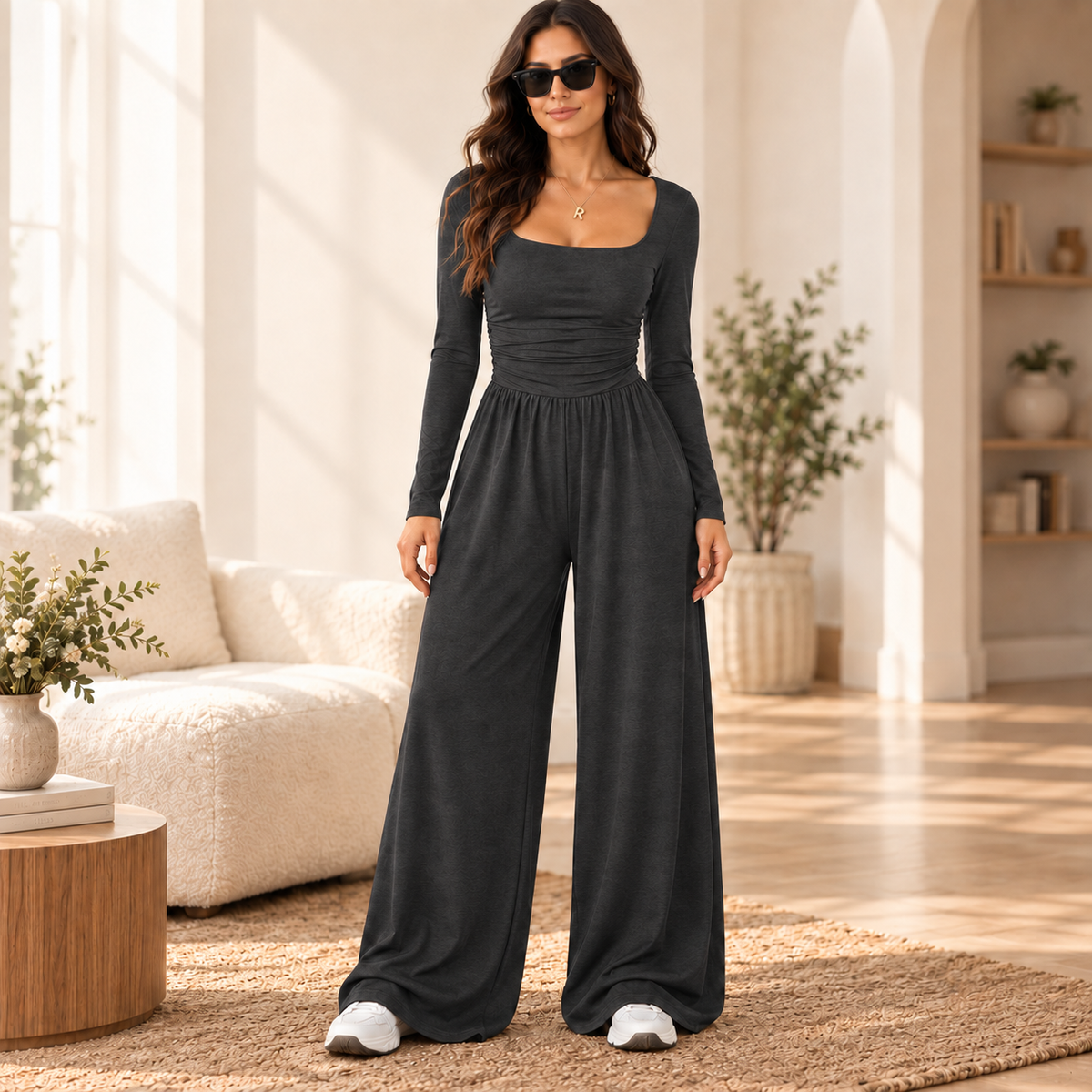 Women’s Long Sleeve Wide Leg Jumpsuit – Ruched Waist Casual One-Piece