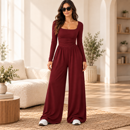 Women’s Long Sleeve Wide Leg Jumpsuit – Ruched Waist Casual One-Piece