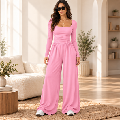 Women’s Long Sleeve Wide Leg Jumpsuit – Ruched Waist Casual One-Piece