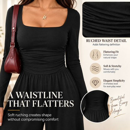 Women’s Long Sleeve Wide Leg Jumpsuit – Ruched Waist Casual One-Piece