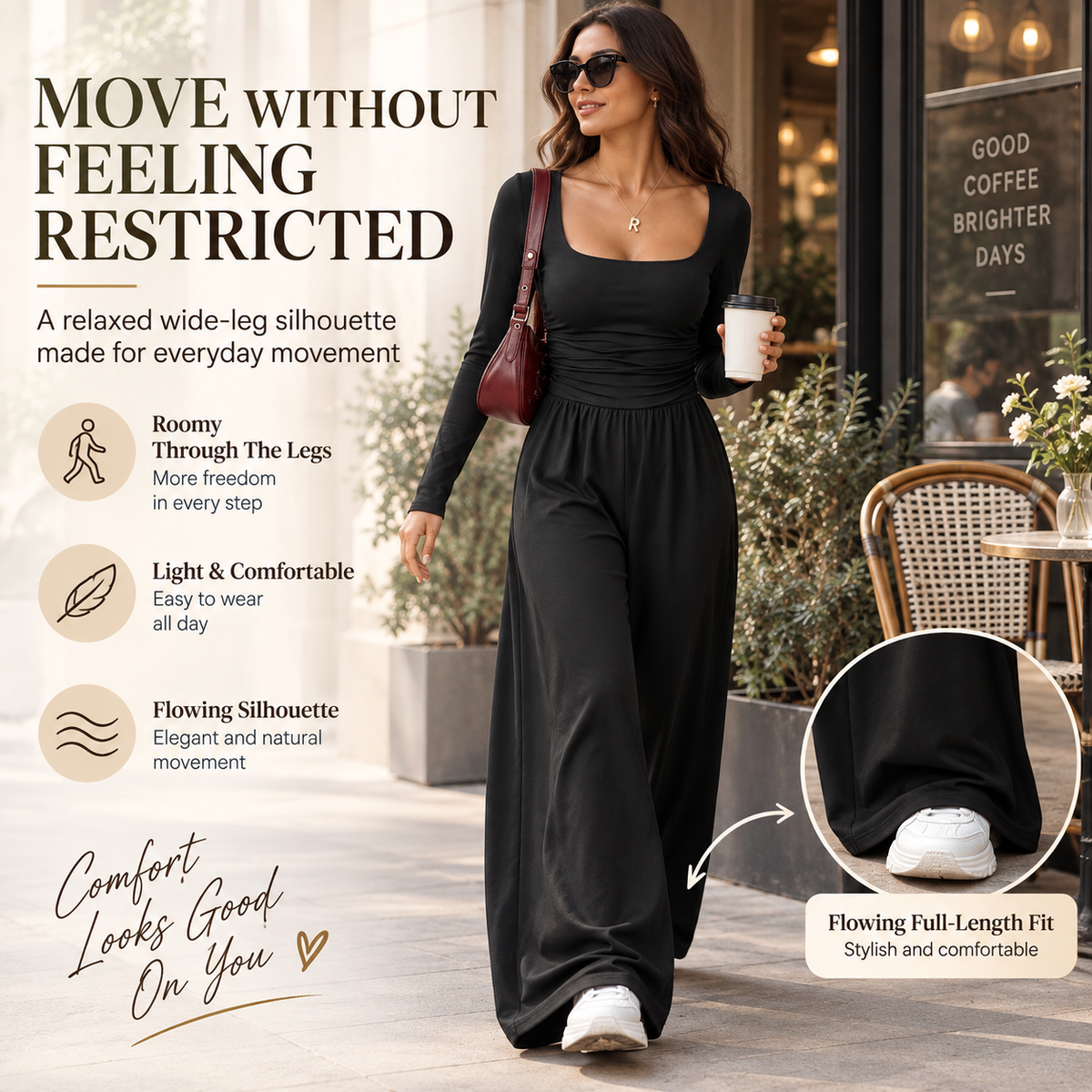 Women’s Long Sleeve Wide Leg Jumpsuit – Ruched Waist Casual One-Piece