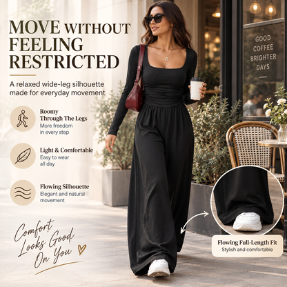 Women’s Long Sleeve Wide Leg Jumpsuit – Ruched Waist Casual One-Piece