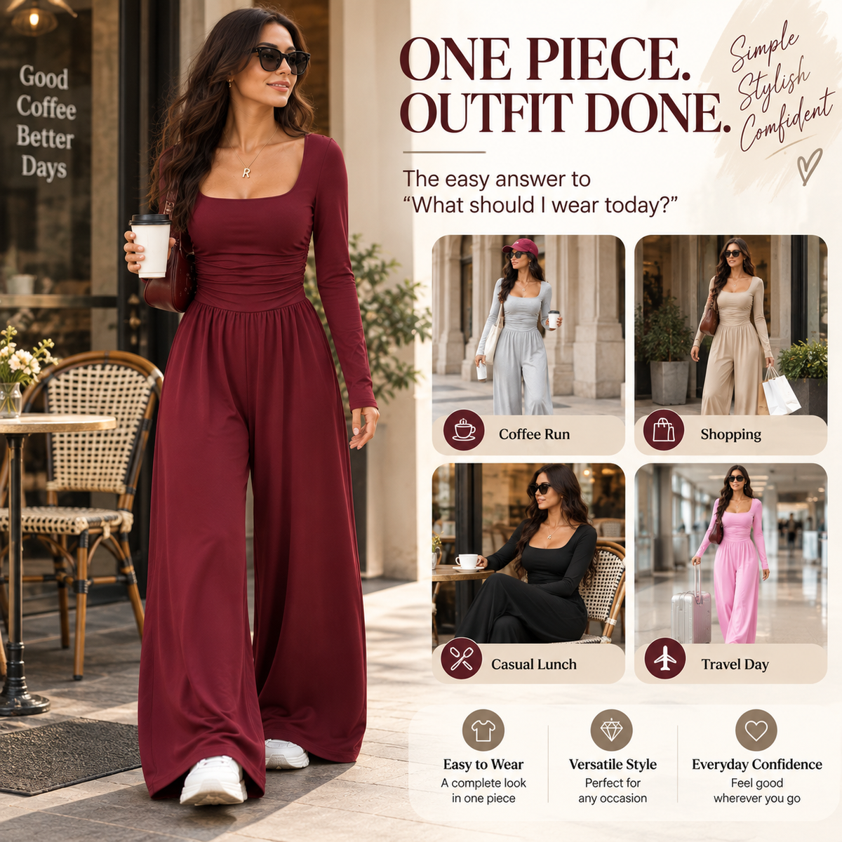 Women’s Long Sleeve Wide Leg Jumpsuit – Ruched Waist Casual One-Piece