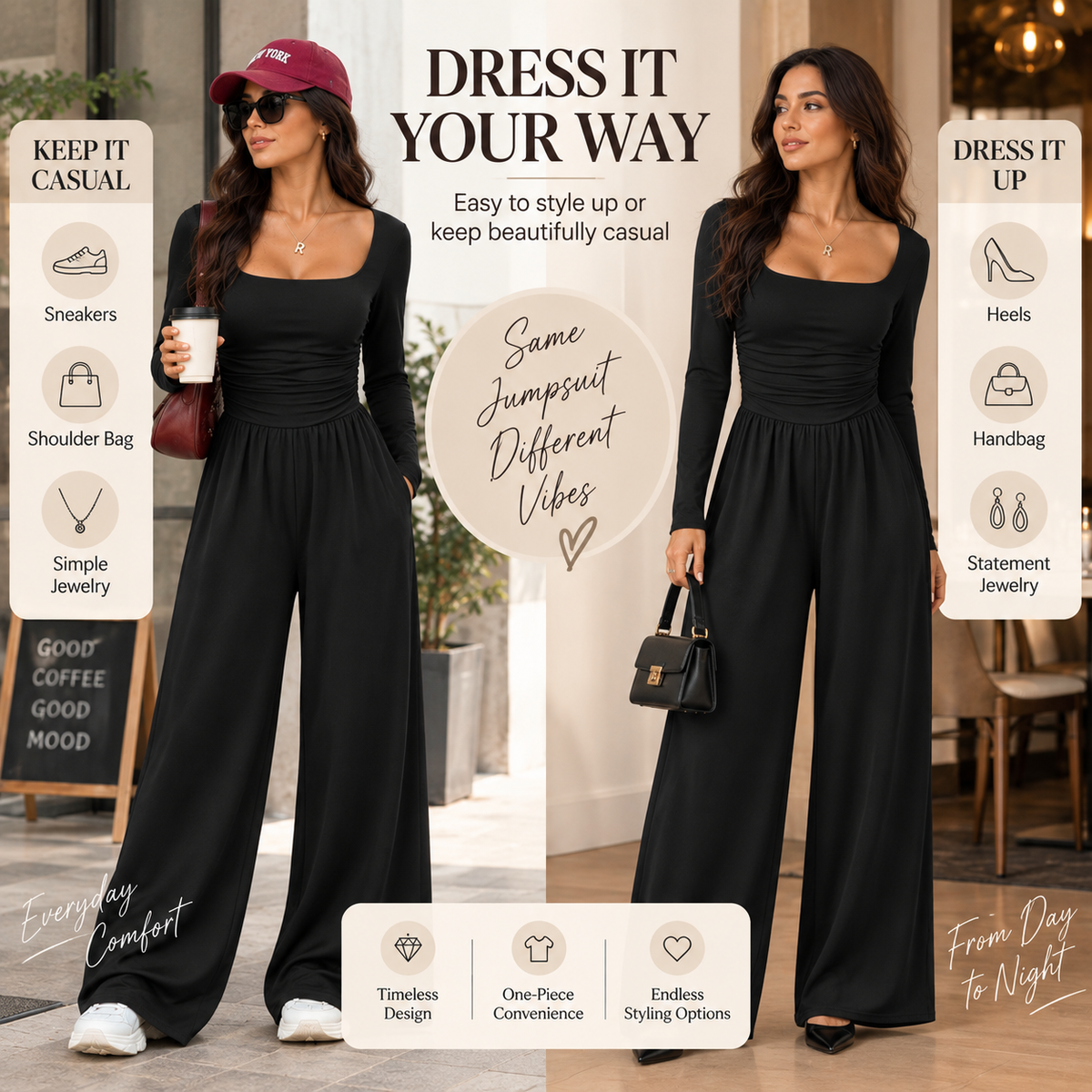 Women’s Long Sleeve Wide Leg Jumpsuit – Ruched Waist Casual One-Piece