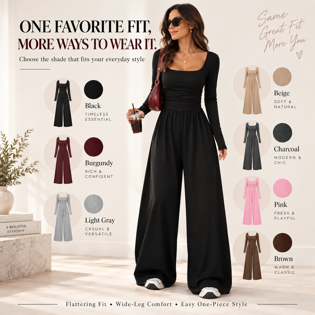 Women’s Long Sleeve Wide Leg Jumpsuit – Ruched Waist Casual One-Piece