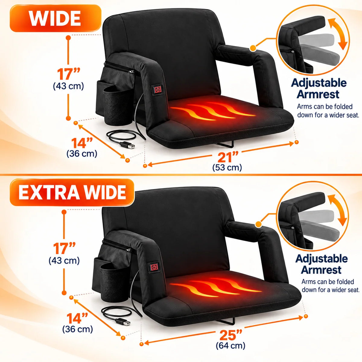 USB Heated Massage Stadium Seat – Portable Reclining Bleacher Chair with 3 Heat Levels, Foldable Armrests & Cup Holder