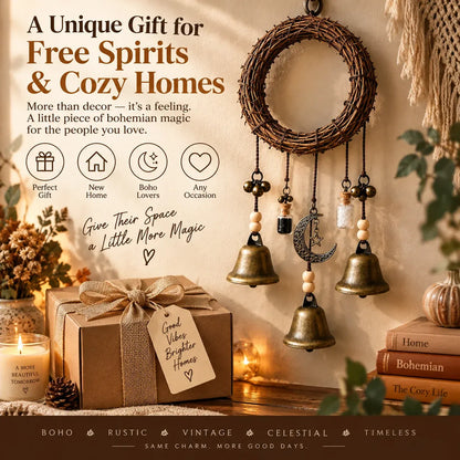 Boho Moon & Bell Hanging Decor – Rustic Bronze Wall & Door Charm