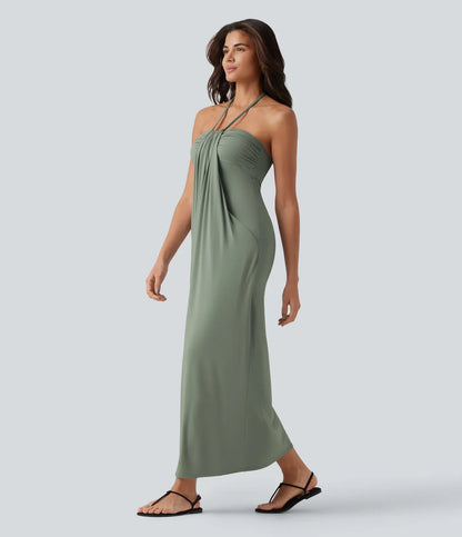 Trovehand Hourglass Bodycon Halter Tie Maxi Dress with Pockets