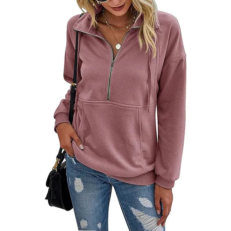 PrettyGarden Women's Casual Long Sleeve Lapel Zipper Sweatshirt Drawstring Loose Pullover Tops Fall Sweater-Womenswear Cotton Fabric