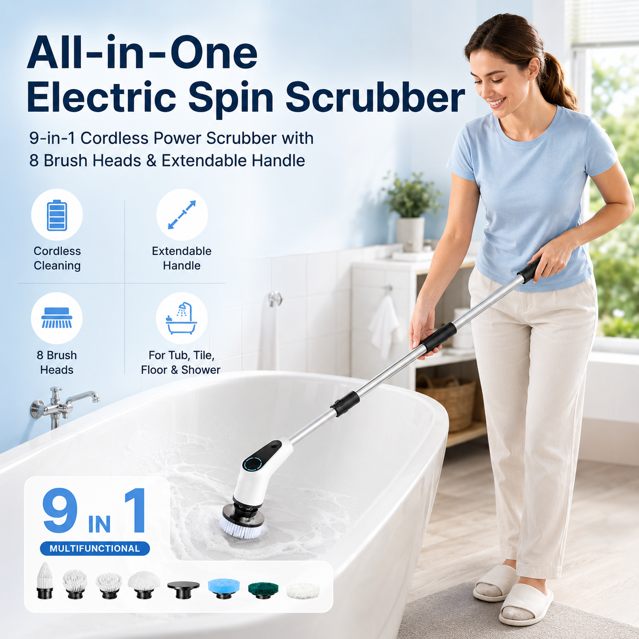 All-in-One Electric Spin Scrubber – 9-in-1 Cordless Power Scrubber with 8 Brush Heads & Extendable Handle