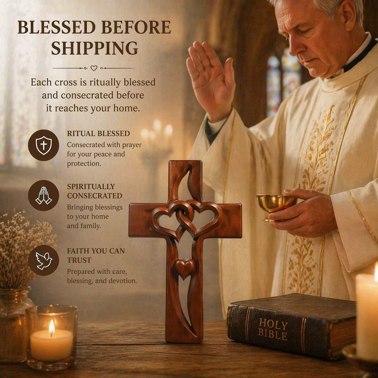✝️ Handcrafted & Blessed Intertwined Hearts Wooden Cross – Spiritual Unity & Love 🔥