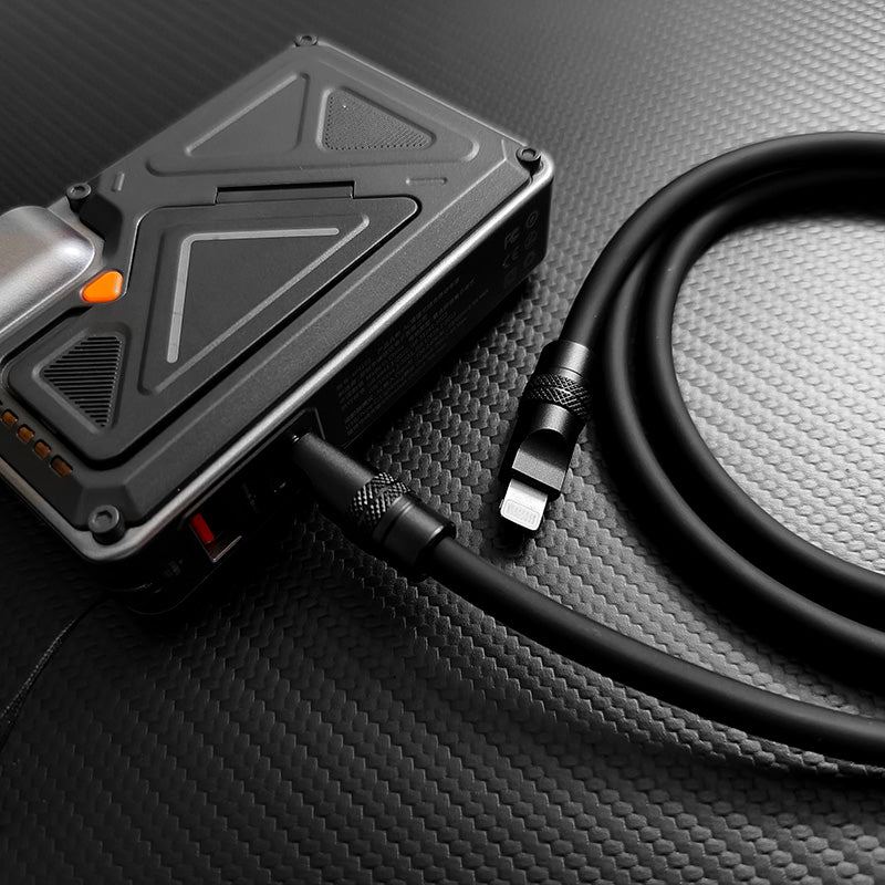 Lightning charging cable connected to a portable power bank