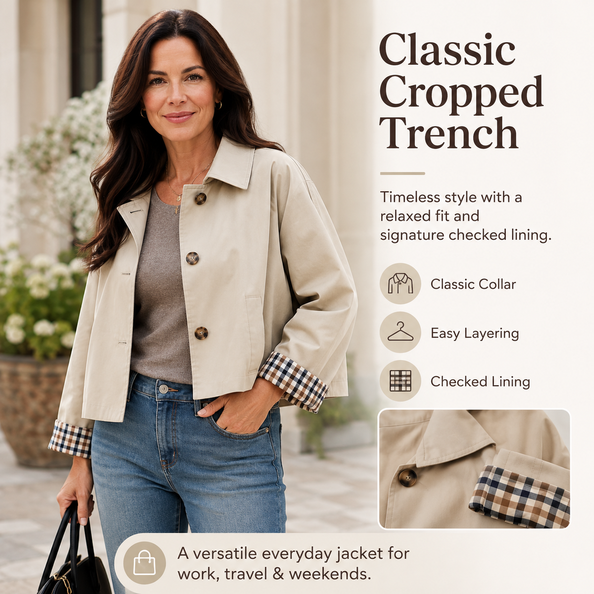 🧥 Classic Collar Cropped Jacket – Checkered Lining