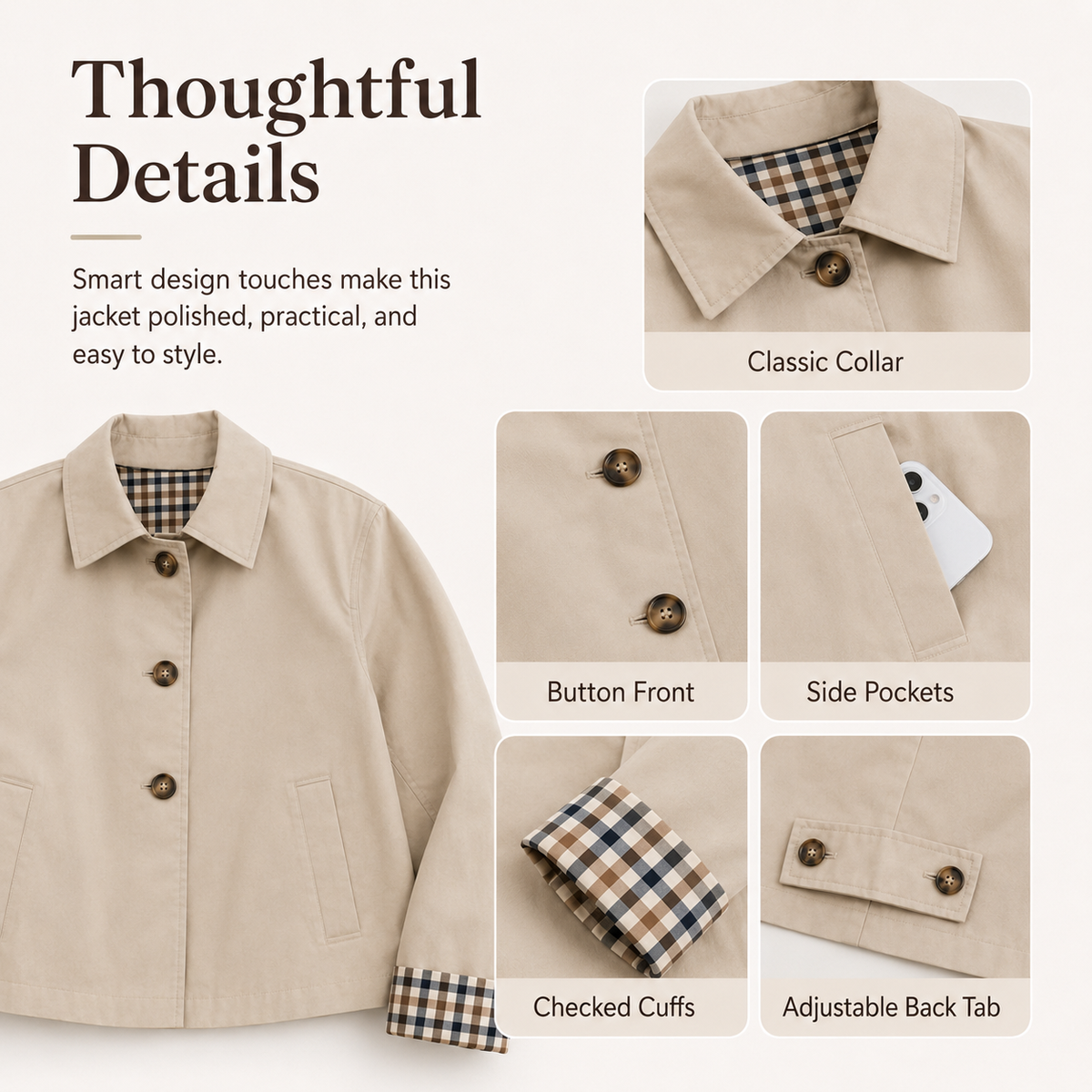 🧥 Classic Collar Cropped Jacket – Checkered Lining