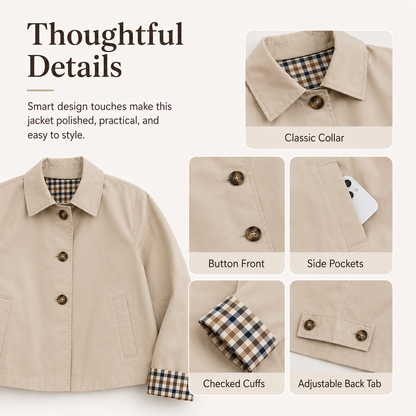 🧥 Classic Collar Cropped Jacket – Checkered Lining