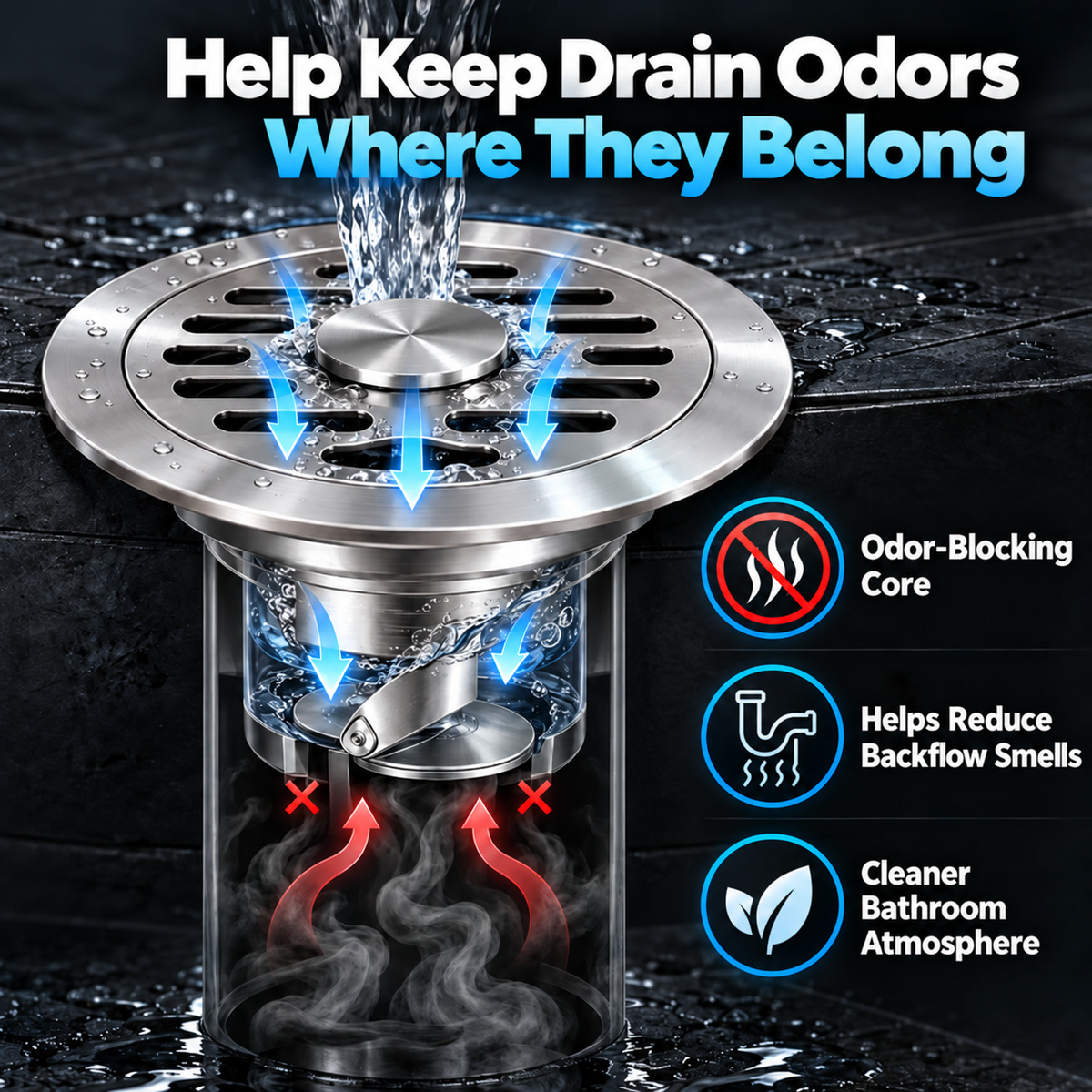 🚿 Stainless Steel Floor Drain with Odor-Blocking Core & Fast Drainage