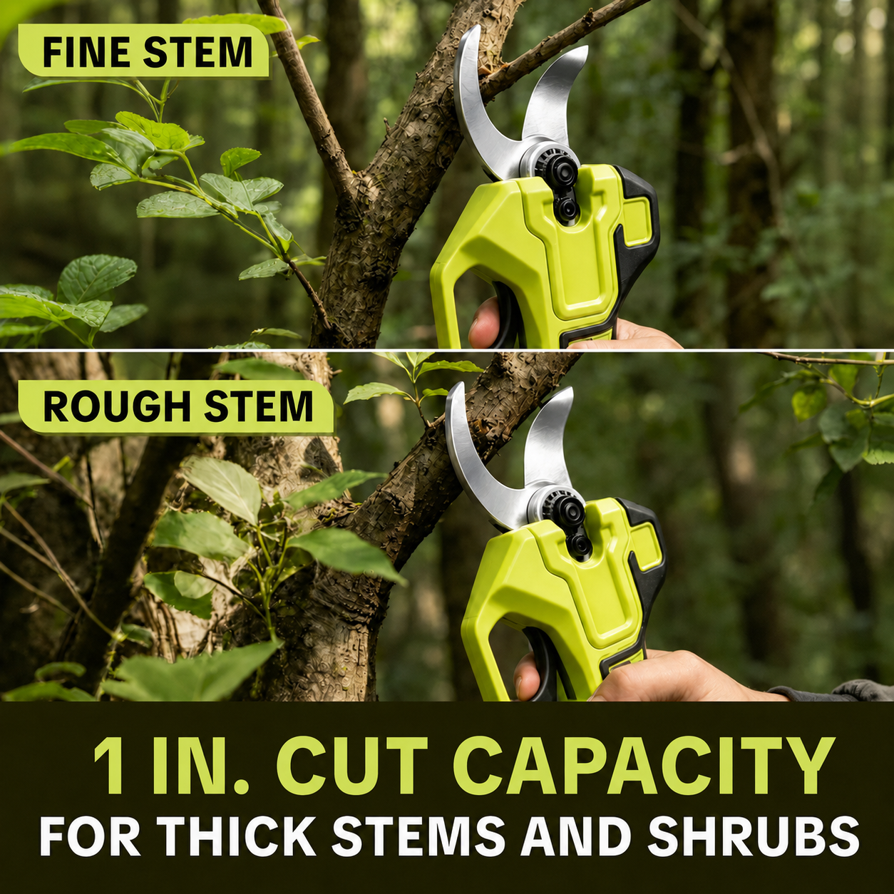 Electric pruning shears used on garden shrubs and woody stems