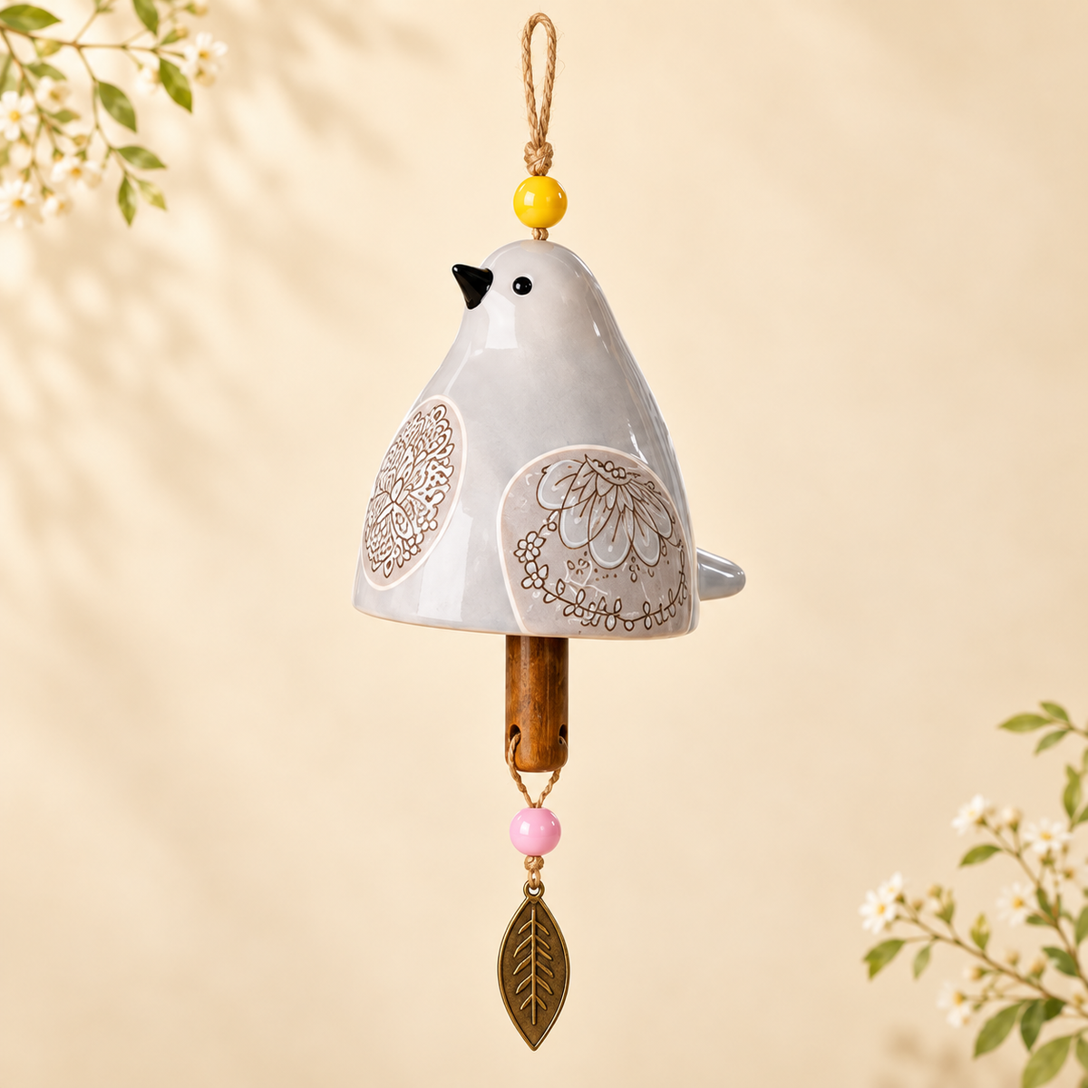 Hand-Painted Resin Bird Wind Chime, Colorful Folk Art Garden Hanging Decor