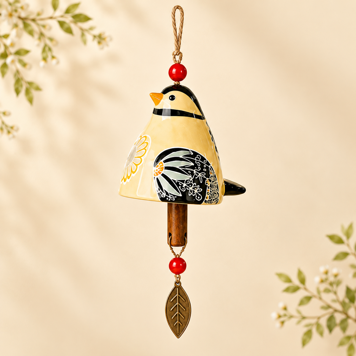 Hand-Painted Resin Bird Wind Chime, Colorful Folk Art Garden Hanging Decor