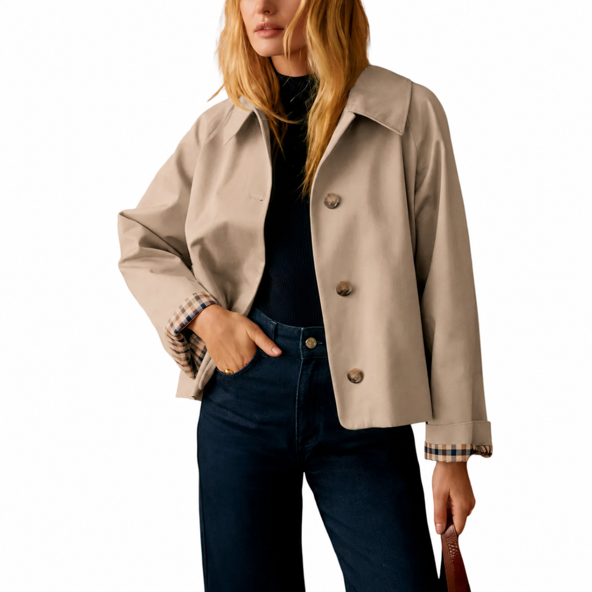 🧥 Classic Collar Cropped Jacket – Checkered Lining