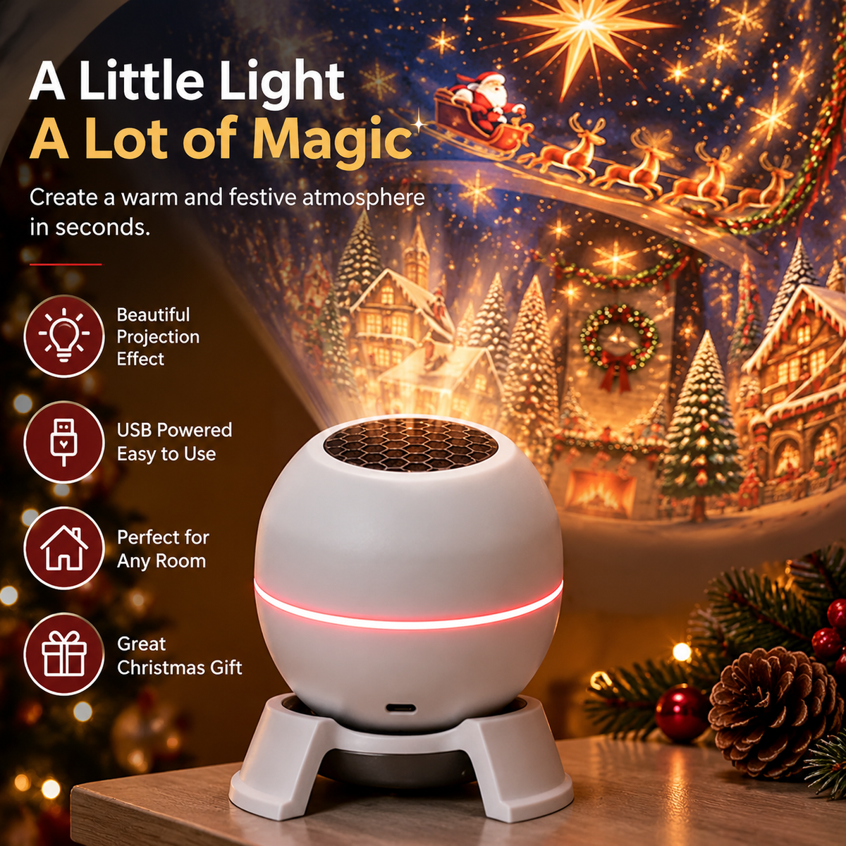Compact USB powered Christmas projection light