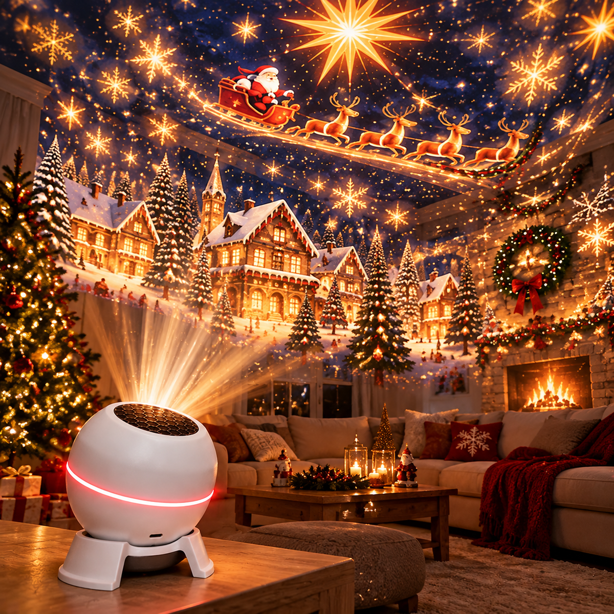 Christmas projection light creating festive room atmosphere
