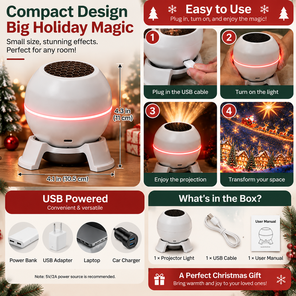 Christmas projector size setup and USB power