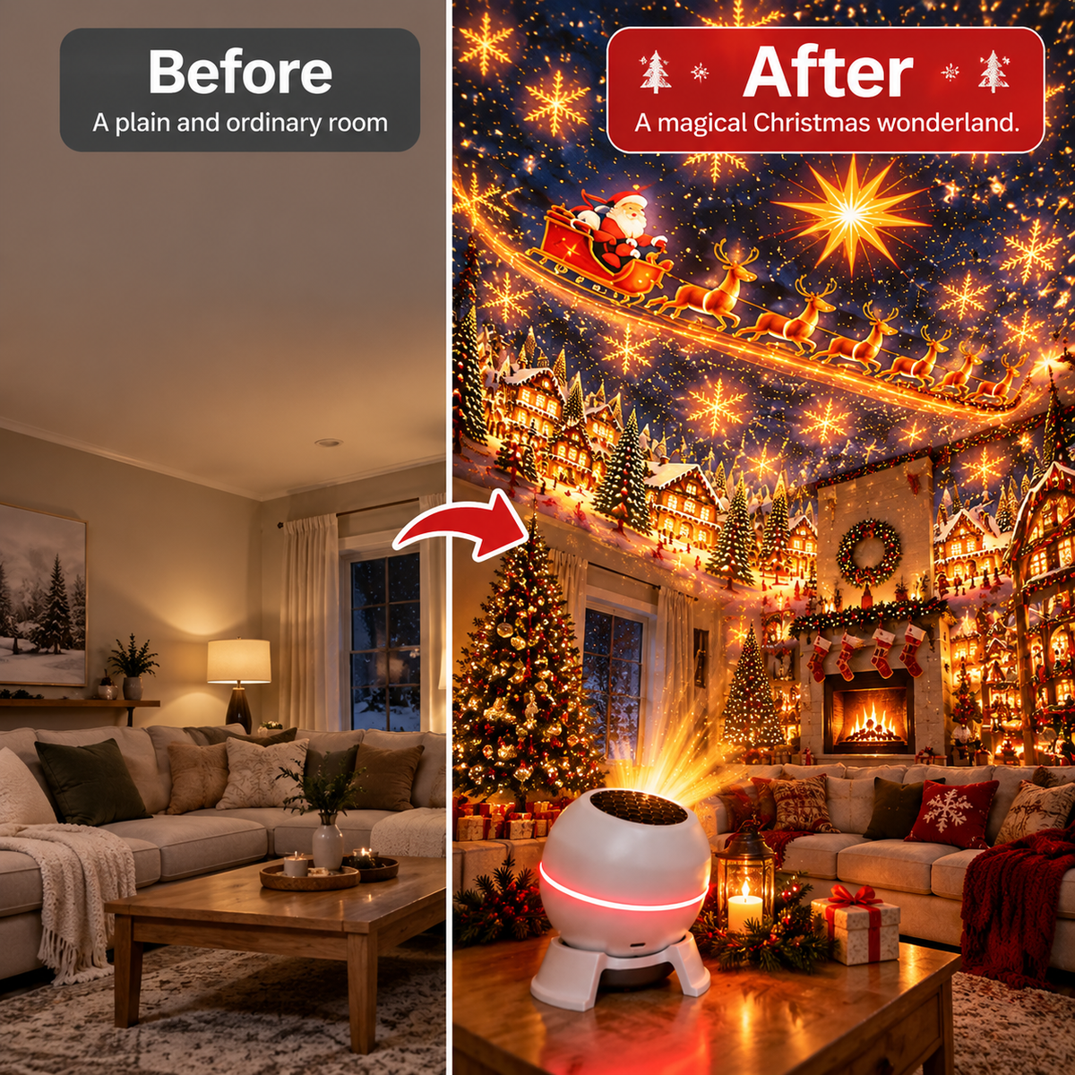 Before and after Christmas room projection