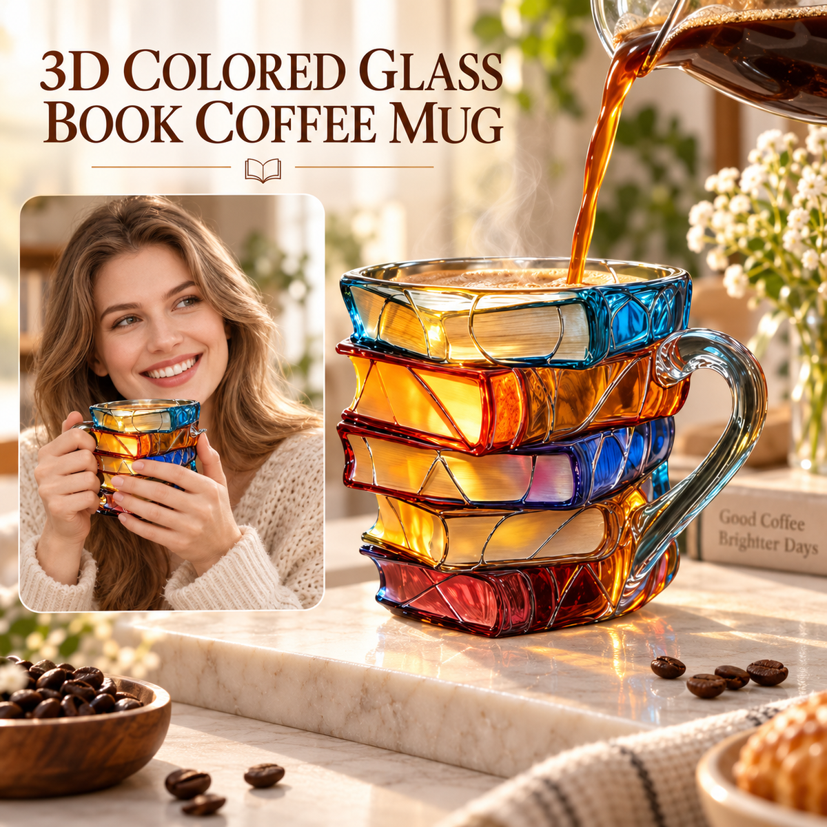 📚 Hand-Painted 3D Book Stack Glass Mug – Cozy Reader Gift☕