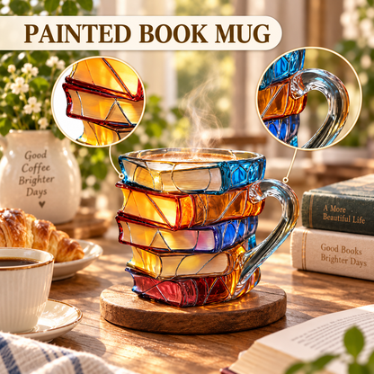 📚 Hand-Painted 3D Book Stack Glass Mug – Cozy Reader Gift☕
