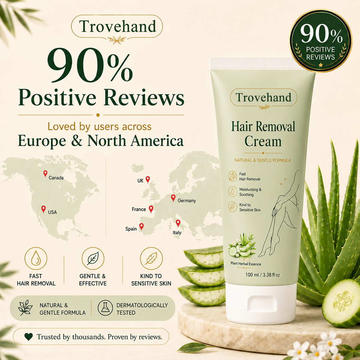 Trovehand™ Natural Gentle Hair Removal Cream | For Women & Men, Sensitive Skin
