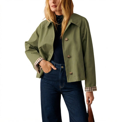🧥 Classic Collar Cropped Jacket – Checkered Lining