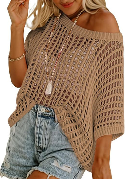 Short Sleeve Casual Crochet Knit Tops – Lightweight Summer Knit Crop Top（Buy 2 Free Shipping）