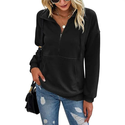 PrettyGarden Women's Casual Long Sleeve Lapel Zipper Sweatshirt Drawstring Loose Pullover Tops Fall Sweater-Womenswear Cotton Fabric