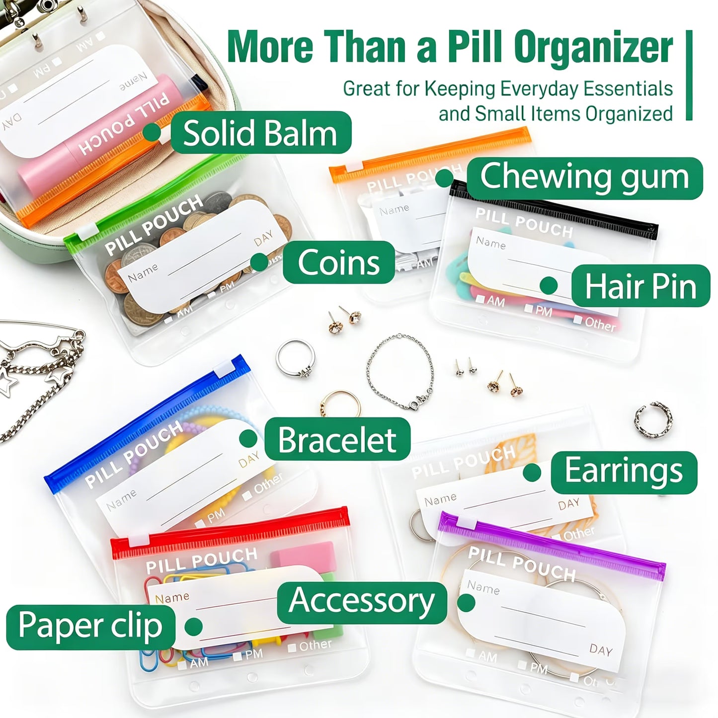 💊A8 Waterproof 14-Pouch Weekly Pill Organizer, Color-Coded Travel Storage for Vitamins & Supplements