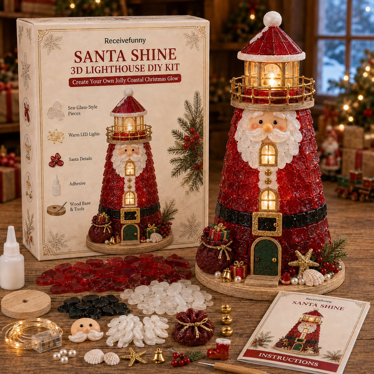 🎄Beginner-Friendly DIY Lighted Christmas Character Sea Glass-Style Lighthouse Kit Collection