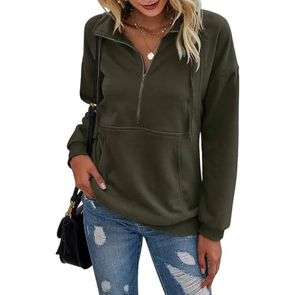 PrettyGarden Women's Casual Long Sleeve Lapel Zipper Sweatshirt Drawstring Loose Pullover Tops Fall Sweater-Womenswear Cotton Fabric